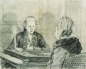 Een Zittend Koppel, de Dame van Achteren Gezien, die Backgammon Speelt bij Kaarslicht