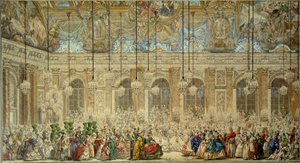 Bal masqué of bal van de Ifs voor het huwelijk van Lodewijk Dauphin van Frankrijk (1729-1765) met Marie Thérèse van Spanje in de Spiegelzaal in Versailles in februari 1745 Tekening in pen en inkt door Charles Nicolas Cochin le Jeune (1715-1790)