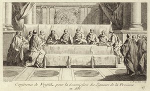 Conferentie voor de onderwerping van leden van de Katholieke Liga in Languedoc door Charles Nicolas II Cochin