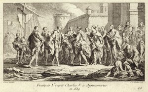 Koning Frans I van Frankrijk ontvangt keizer Karel V in Aigues-Mortes door Charles Nicolas II Cochin