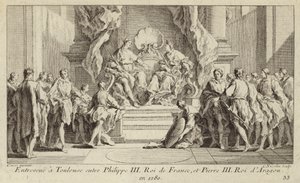 Ontmoeting in Toulouse tussen koning Filips III van Frankrijk en koning Peter III van Aragon door Charles Nicolas II Cochin