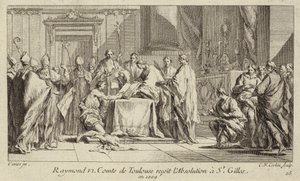 Raymond VI, graaf van Toulouse, vernedert zichzelf in de kerk van St Gilles om zijn excommunicatie op te heffen