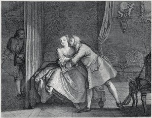 De oorwerkmaker en de malrek illustratie voor Les contes de La Fontaine, circa 1743. Gravure door Charles-Nicolas Cochin