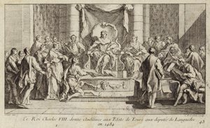 Koning Karel VIII van Frankrijk geeft gehoor aan de afgevaardigden uit Languedoc op de Staten-Generaal in Tours door Charles Nicolas II Cochin