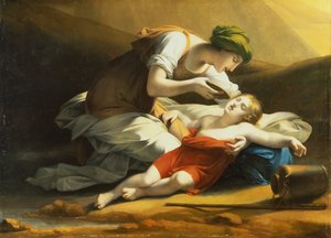 Hagar geeft Ismaël water uit de wonderbaarlijke bron in de woestijn door Charles Paul Landon