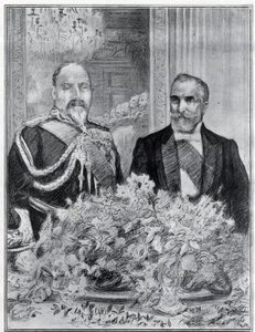 Cordial: het bezoek van de Franse president Emile Loubet aan Londen - het banket in de Franse ambassade - Koning Edward VII en Loubet - getekend door Paul Renouard voor de krant The Graphic. Juli 1903. door Charles Paul Renouard