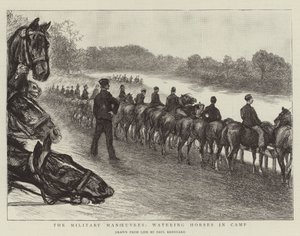 De militaire manoeuvres, paarden water geven in het kamp door Charles Paul Renouard