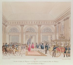 De afdaling van de keizer en keizerin uit de koets onder de vestibule van het Tuilerieënpaleis op de dag van hun huwelijk (kleurgravure)