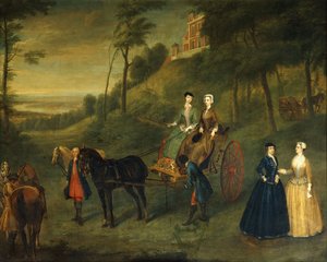 Dames en hofdames in Greenwich Park: Een groepsportret van Juliana, hertogin van Leeds, Lady Charlotte Hamilton, Lady Isabella Tufton en Henrietta, gravin van Pomfret, allen in rijgewoonten, met stalknecht en paarden voor het observatorium, 173 door Charles Phillips
