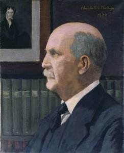 William Henry Bragg (1862-1942) met een afbeelding van Michael Faraday (1791-1867) op de achtergrond, 1939 door Charles Phillips