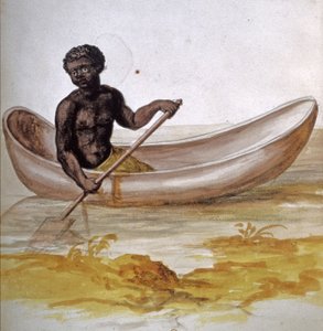 Jonge neger in een kano in het Caribisch gebied, circa 1686 (aquarel) door Charles Plumier