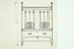 Lijntekening van meubel (een kaptafel), ca. 1910 door Charles Rennie Mackintosh