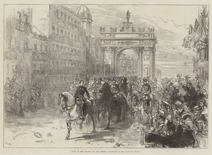 Intocht van koning Alfonso XII in Madrid, processie in de Calle de Alcala