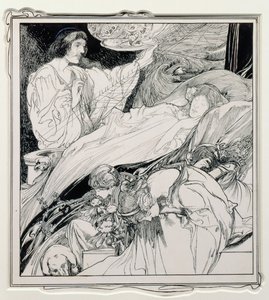 Daar lag ze, zo mooi uitziend, illustratie uit Briar Rose, The True Annals of Fairyland - The Reign of King Herla, uitgegeven door J.M. Dent & Co. Ltd., 1900 door Charles Robinson