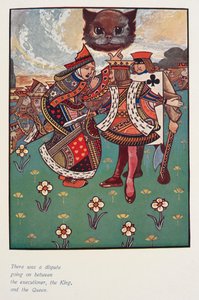 Er was een geschil gaande tussen de beul, de koning en de koningin. De Cheshire kat keek toe. door Charles Robinson