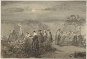 Gezelschap van dames en heren in een door de maan beschenen hof met rozenstruiken