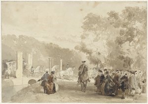 Koets van de Prins, die van de oprijlaan van Huis ten Bosch rijdt door Charles Rochussen