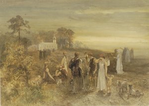 Monniken begeven zich naar een kerk, gadegeslagen door een groep Germanen door Charles Rochussen