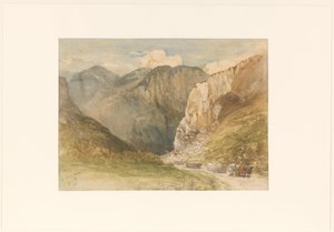 Ossenkarren op een weg tussen de bergen in het kanton Sankt Gallen
