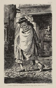 Een gehulde figuur die door de straat loopt (ten tijde van de pest in Londen) door Charles Samuel Keene