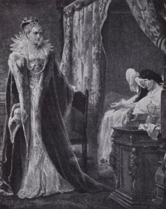 Gravin van Nottingham brengt de ring van de graaf van Essex terug naar koningin Elizabeth I, maar te laat om hem van executie te redden (litho) door Charles Soubre