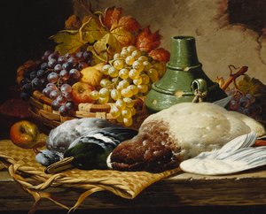Een Wilde Eend en een Houtduif met een Mandje Appels en Druiven op een Houten Rand door Charles Thomas Bale