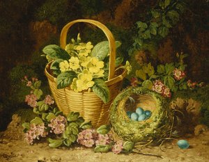Sleutelbloemen in een mand, japonica en een vogelnest door Charles Thomas Bale