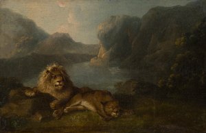 Leeuwen in een landschap bij een meer