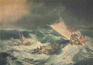 Een schipbreuk met boten die proberen de bemanning te redden
