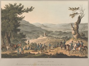 Nr. 5  Sabugal aan de rivier de Coa. Op de voorgrond Franse wachtposten; de geallieerden maken zich klaar om de rivier over te steken. door Charles Turner