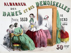 Reclameposter voor de Almanach van Dames en Dames voor 1859 (meisjes praten over kleding voor een ijskast), 50 cent
