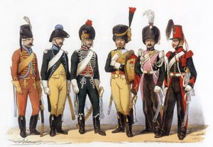 Kostuums van het Franse leger: Lancers g-d: 1745 file jager (onder Louis XV); 1785 onder Louis XVI; 1794 republiek; 1810 keizerlijke garde (1e rijk); 1824 koninklijke garde (restauratie); 1840, tekening door Charles Vernier (1831-1887)
