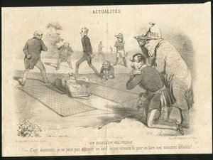 Illustratie van Charles Vernier in Le Charivari - Un oiseleur politique - President van de Republiek, Ministerie van Binnenlandse Zaken - Thiers Adolphe, Napoleon III, Faucher Leon - Portfolio door Charles Vernier