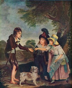 Portret van de kinderen van Sir Francis Ford die een munt aan een bedeljongen geven. Tentoonstelling 1793