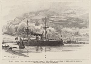 HMS Blake, de beschermde kruiser onlangs gelanceerd in Chatham, in de haven van Portsmouth