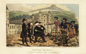 Een Schotse metselaar informeert Engelse toeristen dat hun roestige oude falchion zwaard een modern blad is van Andrea Ferrara voor het Holyrood Paleis, Edinburgh door Charles Williams