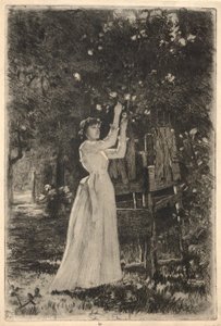 Een jonge vrouw die bloemen plukt van een boom door Charles Yardley Turner