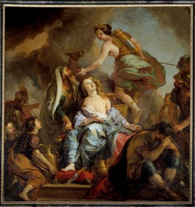Het offer van Iphigenie. Koning Agamemnon offert zijn dochter om de woede van Artemis te sussen. Schilderij door Charles de Lafosse, 17e eeuw