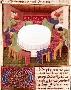 Voorbereidingen van de Ronde Tafel bij de Aankomst van de Miniatuur Ridders uit Romanesque du Chevalier Tristan door Meester Charles de Maine (Beroul versie). 1440-1460. Chantilly, Conde Museum