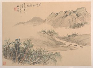 Landschap, gedateerd 1827 door Cheng Tinglu