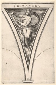 Lente Primavera voorgesteld als een vrouw met een wapperend doek en slingers door Cherubino Alberti