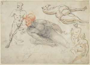 Studies van mannelijke en vrouwelijke naakten, een sater en een kameel (recto); standbeeld van Marcus Aurelius (verso) door Cherubino Alberti
