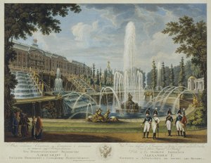 Uitzicht op de Grote Cascade, Samson Fontein en Groot Paleis in Peterhof, Begin 19e eeuw