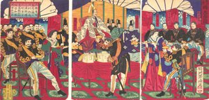 Illustratie van de geëerde bevelhebbers, die de keizerlijke geschenk beker ontvangen, september 1877 door Chikanobu Yoshu