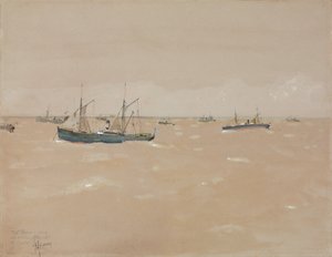 Fruitstomers trotseren een storm, voor de kust van Spanje door Childe Frederick Hassam