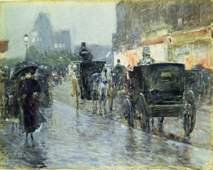 Paardentrams in de Avond, New York, c.1890 door Childe Frederick Hassam