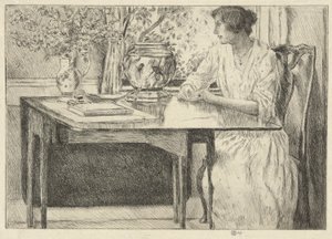 De koloniale tafel (Holley House, Cos Cob) (recto); Landschap met schuur (verso) door Childe Hassam