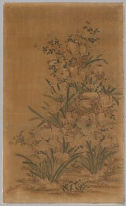 Kesi-paneel: Rotsen en Narcissen door China, Qing dynasty
