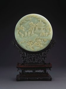 Een wit jade ronde tafelscherm met geleerden die een paviljoen naderen door Chinese School