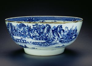 Blauw-witte kom versierd met een scène die de vervaardiging van porselein toont (porselein)